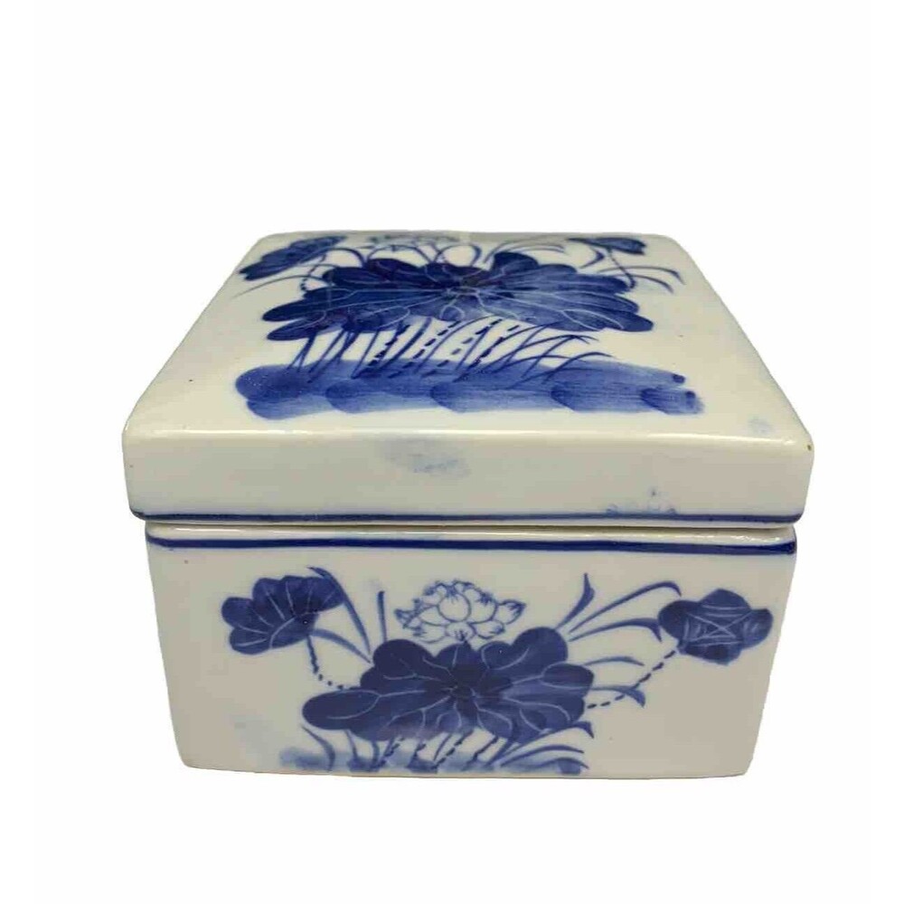Vintage Oriental Trinket Jewelry Box Porcelain Square Blue White Water Lily MCM